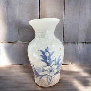 Antique Crackle Glaze Pottery Vase Bud Vase White Cobalt Blue Flowers Miniature